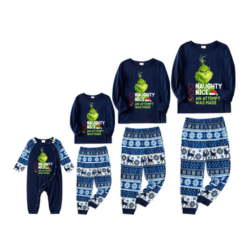 Cute Cartoon Pattern and Slogan Text Printed Blue Christmas Matching Pajamas