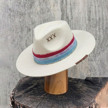 Off-White Straight Brim Felt Hat with Silver Chain