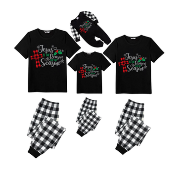 Jesus Is The Reason For The Season Cross Family Christmas Pajamas Set - Black Top Black and White Plaid Pants Red Plaid Cross Graphic