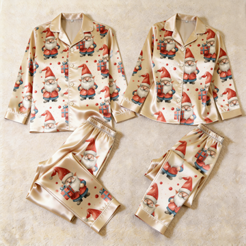 Santa Claus Gift Print Satin Matching Pajamas for Couples – Long Sleeve Button-Down Top & Pants Sleepwear Set