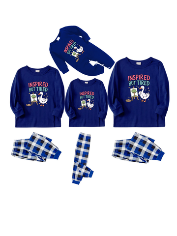 INSPIRED BUT TIRED Letter Printed Blue&White Plaid Matching Pajamas
