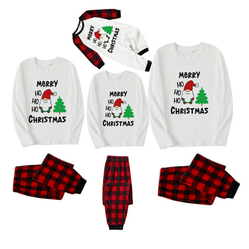 "HO HO HO Merry Christmas" 2024 White Long Sleeve Top with Red & Black Plaid Family Matching Pajamas