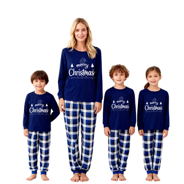 "Merry Christmas" Text Printed Blue and White Plaid Family Matching Pajamas
