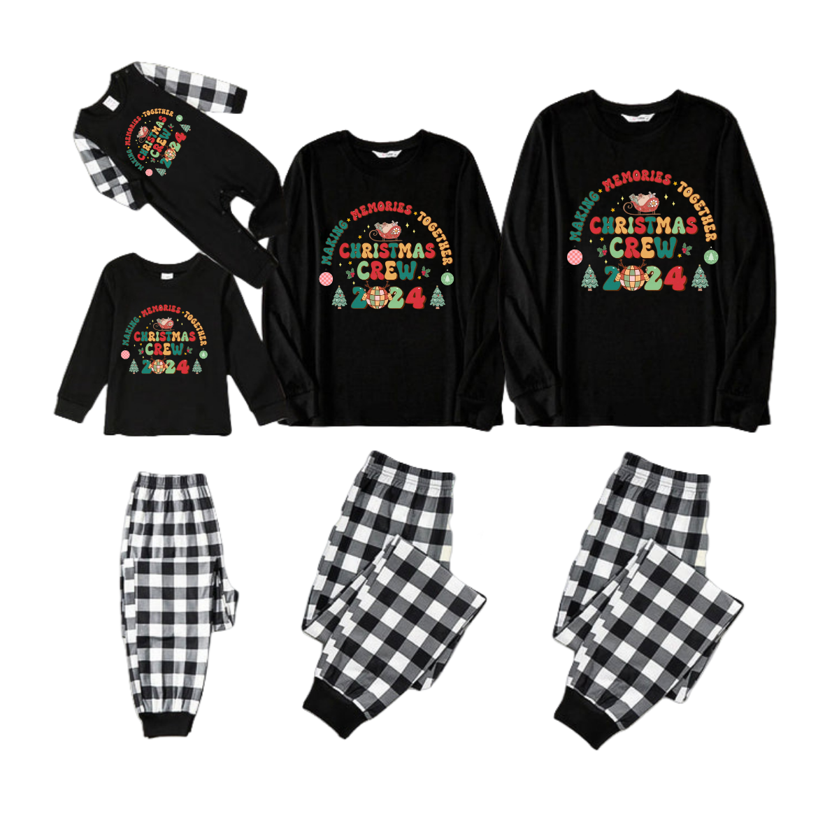 "Making Memories Together Christmas Crew 2024" Print Black Long Sleeve Top with Black And White Plaid Pants Family Matching Pajamas