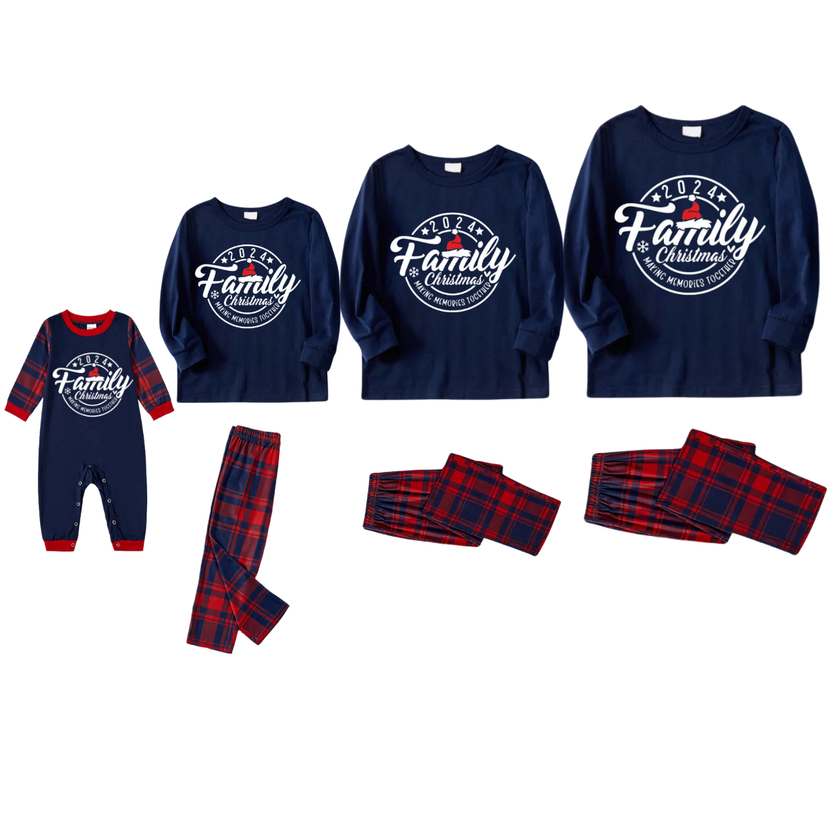 "2024Family Christmas" Prints Blue Long Sleeves Top with Red and Blue Plaid Pants Christmas Matching Pajamas