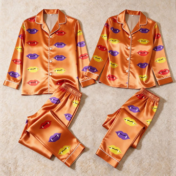 Vampire Lips Print Satin Matching Pajamas for Couples – Long Sleeve Button-Down Top & Pants Sleepwear Set