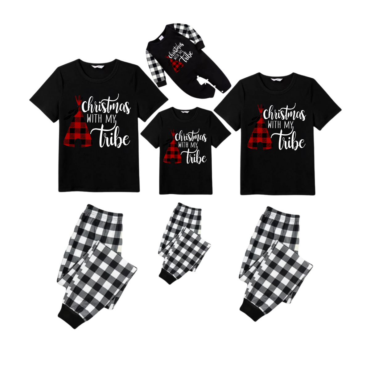 Christmas With My Tribe Family Christmas Pajamas Set - Black Top Black and White Plaid Pants White Text Graphic