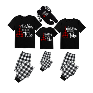 Christmas With My Tribe Family Christmas Pajamas Set - Black Top Black and White Plaid Pants White Text Graphic
