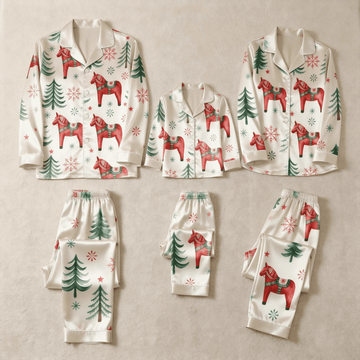 Festive Red Horse & Pine Tree Print Satin Button-Up Family Christmas Pajamas Set
