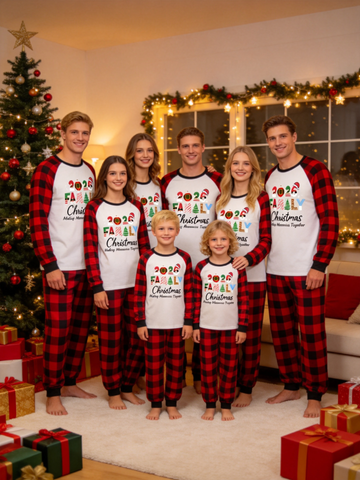 Family Matching Christmas Pajama Set, 2026 Merry Christmas Letter Print Raglan Long Sleeve Top, Red Black Buffalo Plaid Jogger Pants, Cozy Festive Sleepwear For Holiday Photos & Christmas Eve