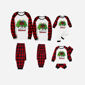 Jesus Christmas Family Matching Pajamas Set - White Top with Red Plaid Sleeves and Red Plaid Pants