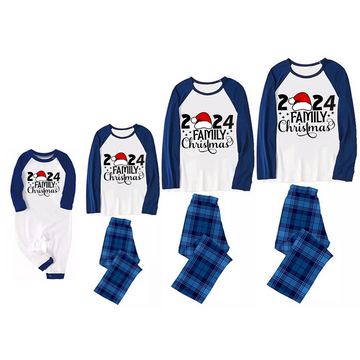 Christmas Cute Cartoon Santa Hat Patterned and '2024 FAMILY Christmas ' Letter Print Casual Long Sleeve Sweatshirts Contrast Blue & White Top and Black and Blue Plaid Pants Family Matching Pajamas Sets