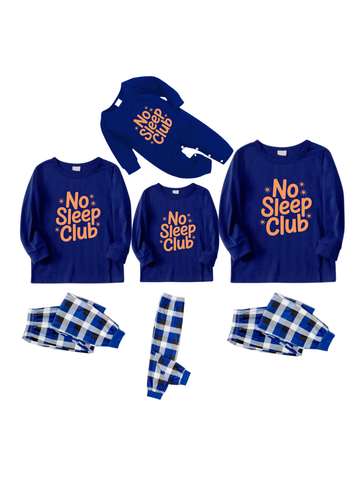NO SLEEP CLUB Letter Printed Blue&White Plaid Matching Pajamas