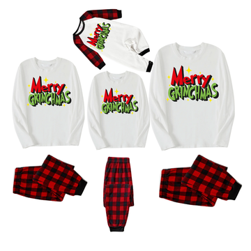 Funny Christmas Slogan Print White Long Sleeve Top with Red & Black Plaid Pants Family Matching Pajamas