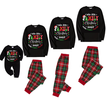 "We are Family" 2025 Christmas Wreath - Black Top with Red & Green Plaid Pants Family Matching Pajama