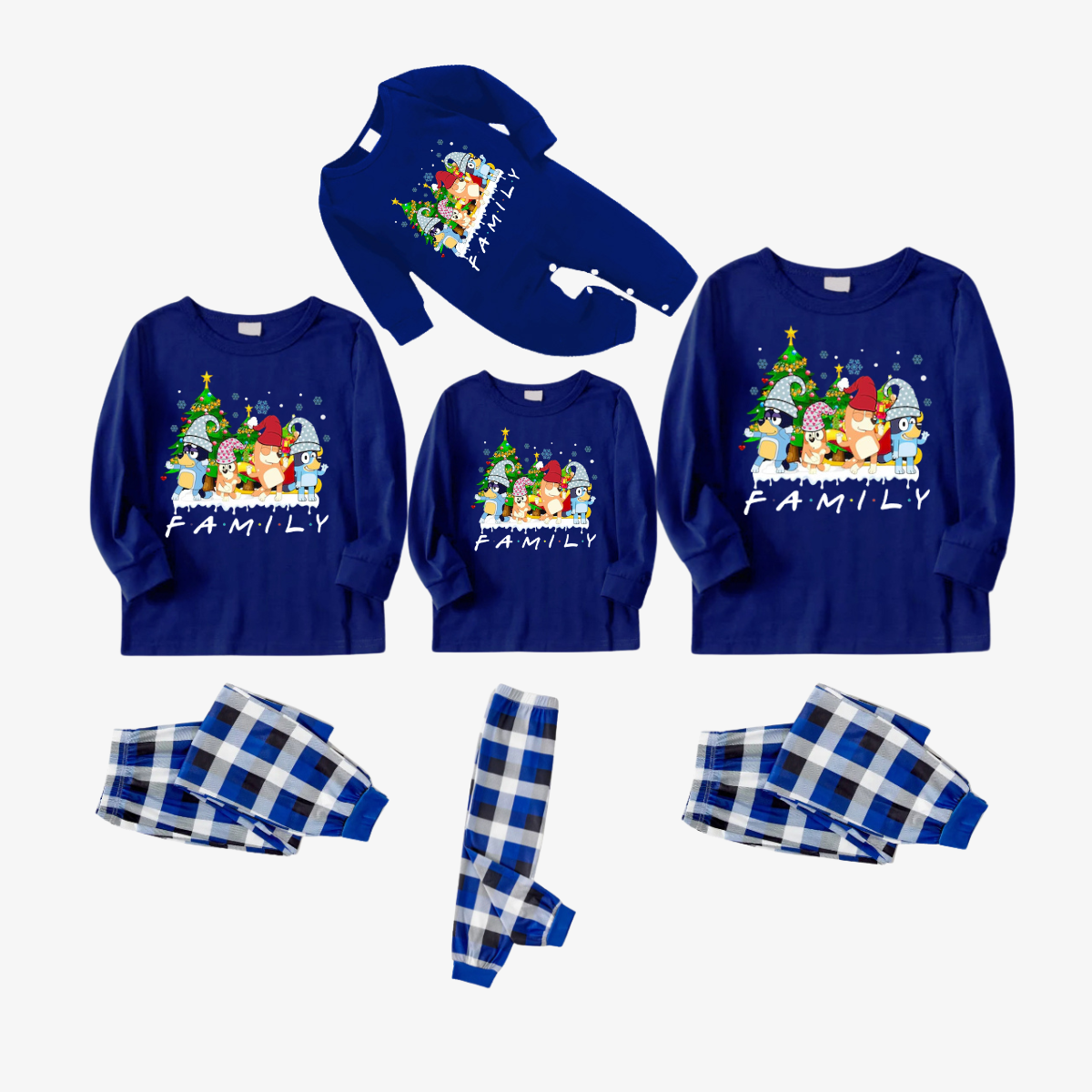 Bluey Character "Family" Design Blue&White Plaid Pants Family Matching Pajama Set