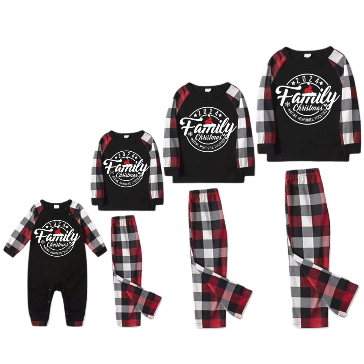 "2024 FAMILY CHRISTMAS" Text Pattern - Black Top with Red&Black&White Plaid Sleeves - Family Matching Pajamas