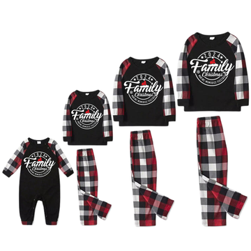 "2024 FAMILY CHRISTMAS" Text Pattern - Black Top with Red&Black&White Plaid Sleeves - Family Matching Pajamas