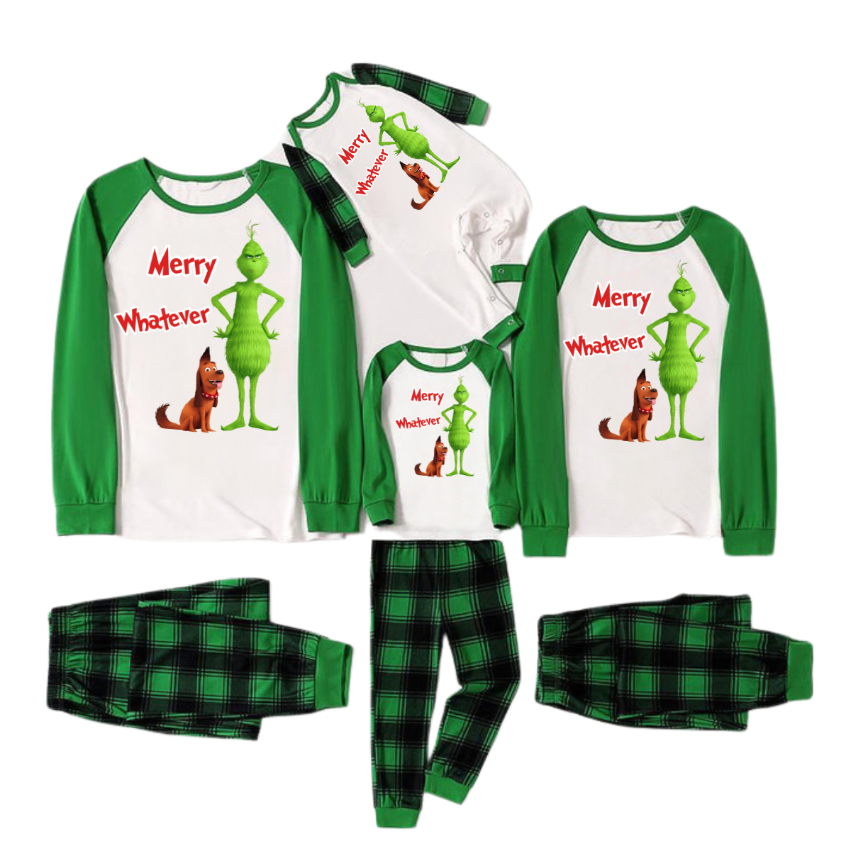 Cartoon Pattern and "Merry Whatever" Printed Green Plaid Long Sleeve Christmas Family Pajamas