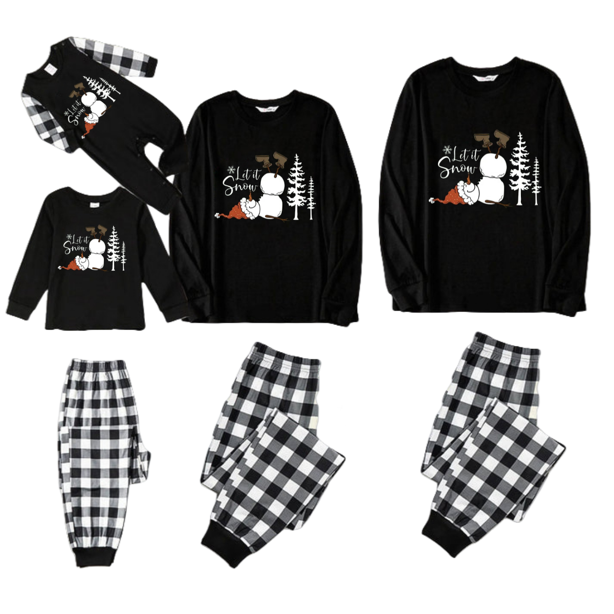 "Let it Snow" Text and Snowman Prints Black and White Plaid Family Matching Pajamas