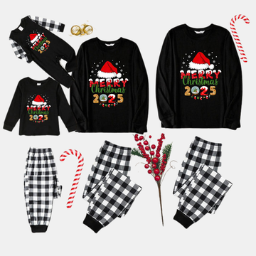 Black and White Plaid Christmas Pajamas Set With Santa Hat and "Merry Christmas 2025" Text Print