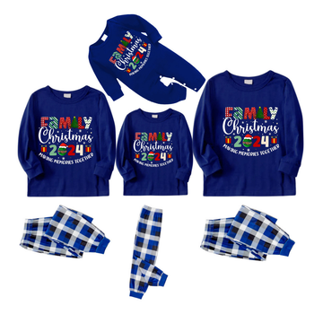 "Family Christmas 2024 Making Memories Together" Cute Text Printed Blue and White Plaid Family Matching Pajamas