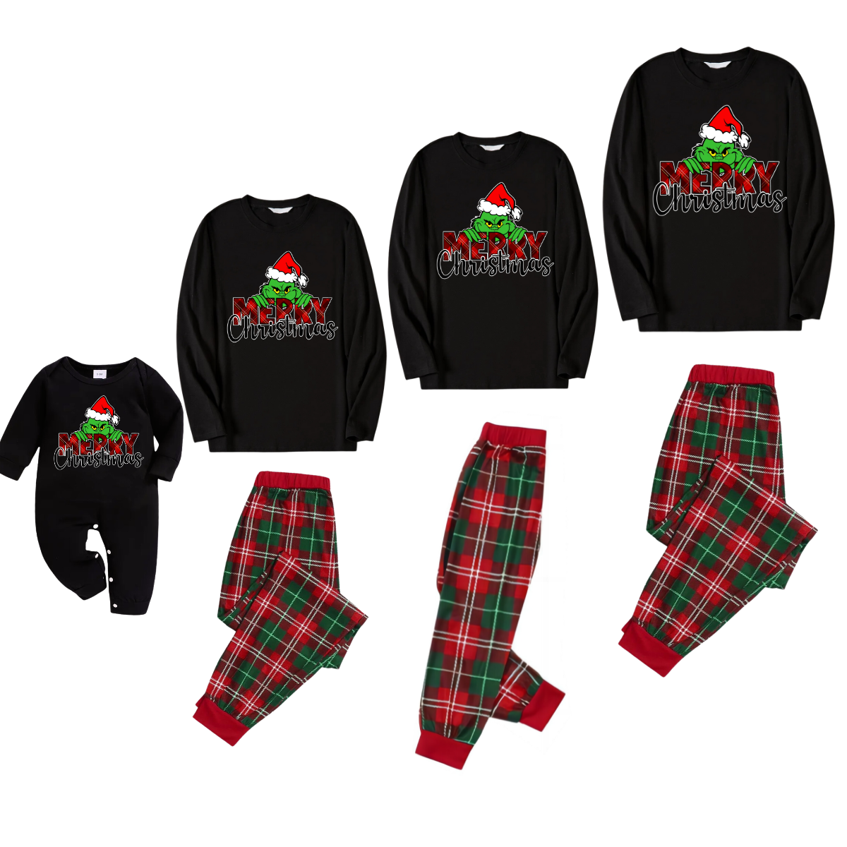 Merry Chirstmas Text and Green Cartoon Pattern Red and Green Plaid Family Matching Pajamas