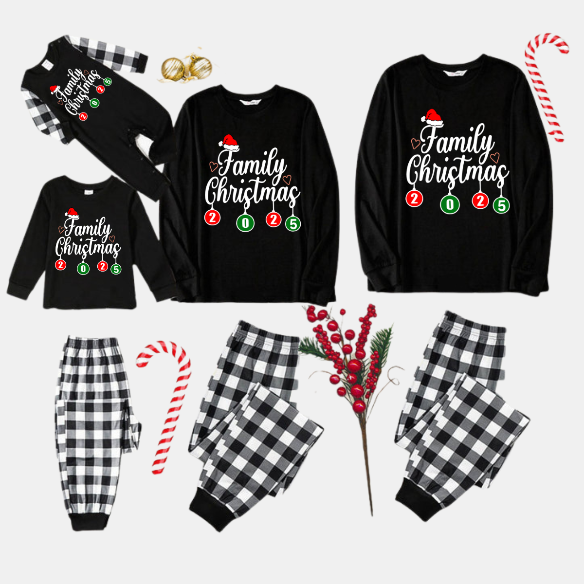 "Family Christmas" 2025 Black Long Sleeve Top with Black And White Plaid Pants Family Matching Pajamas