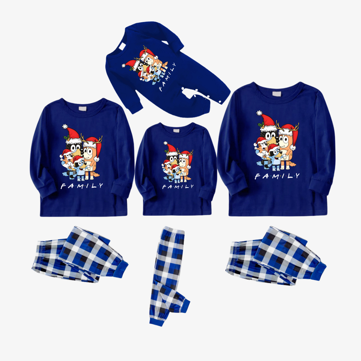 Bluey-Themed Festive Animal Pattern Blue&White Plaid Family Pajama Sets