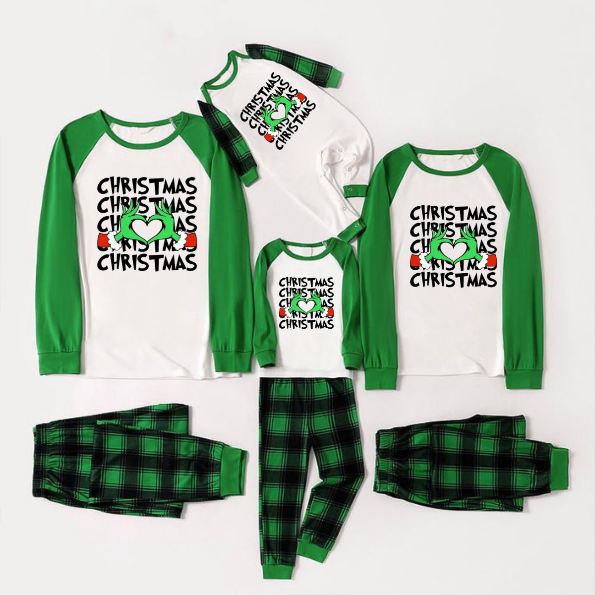 Christmas Text and Cartoon Pattern Print Long Sleeve Top With Green & Black Plaid Christmas Matching Pajamas