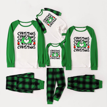 Christmas Text and Cartoon Pattern Print Long Sleeve Top With Green & Black Plaid Christmas Matching Pajamas