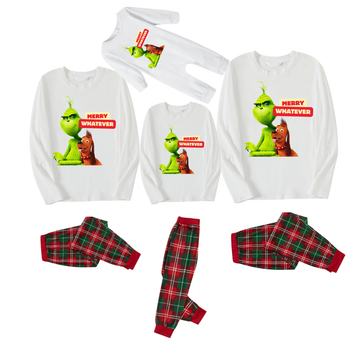 Christmas Cartoon Pattern and "Merry Whatever" Printed Red & Green Plaid Family Matching Pajamas