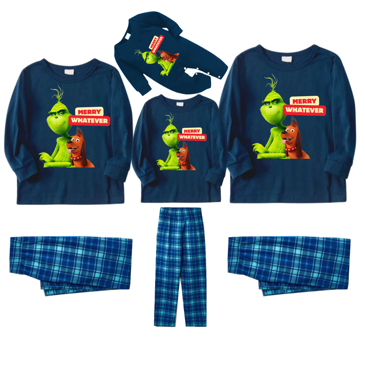 Cartoon Pattern and "Merry Whatever" Text Printed Blue Top Sky Blue Plaid Pants Family Matching Pajamas