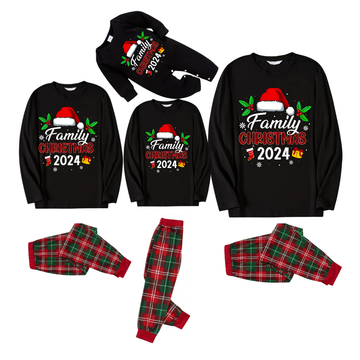 "Family Christmas 2024" Text and Santa Hat Printed Red and Green Plaid Family Matching Pajama