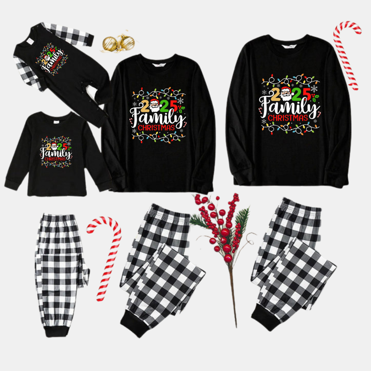 Black and White Plaid Christmas Pajamas Set With Christmas Light and "2025 Family Christmas" Text Print