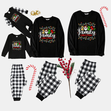 Black and White Plaid Christmas Pajamas Set With Christmas Light and "2025 Family Christmas" Text Print