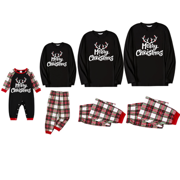 Christmas "Merry Christmas" Text Print Black Long Sleeve Top with Red & White & Green Plaid Family Matching Pajamas