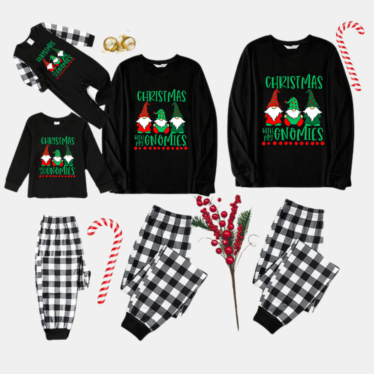 Black and White Plaid Christmas Pajamas Set With "Christmas With My Gnomies" Text Print