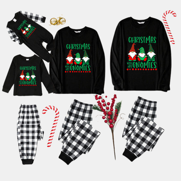 Black and White Plaid Christmas Pajamas Set With "Christmas With My Gnomies" Text Print