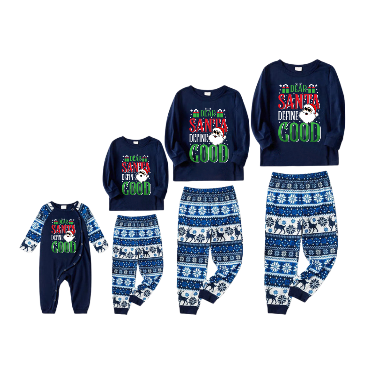 "Dear Santa Define Good" Slogan Printed Blue Family Christmas Matching Pajamas