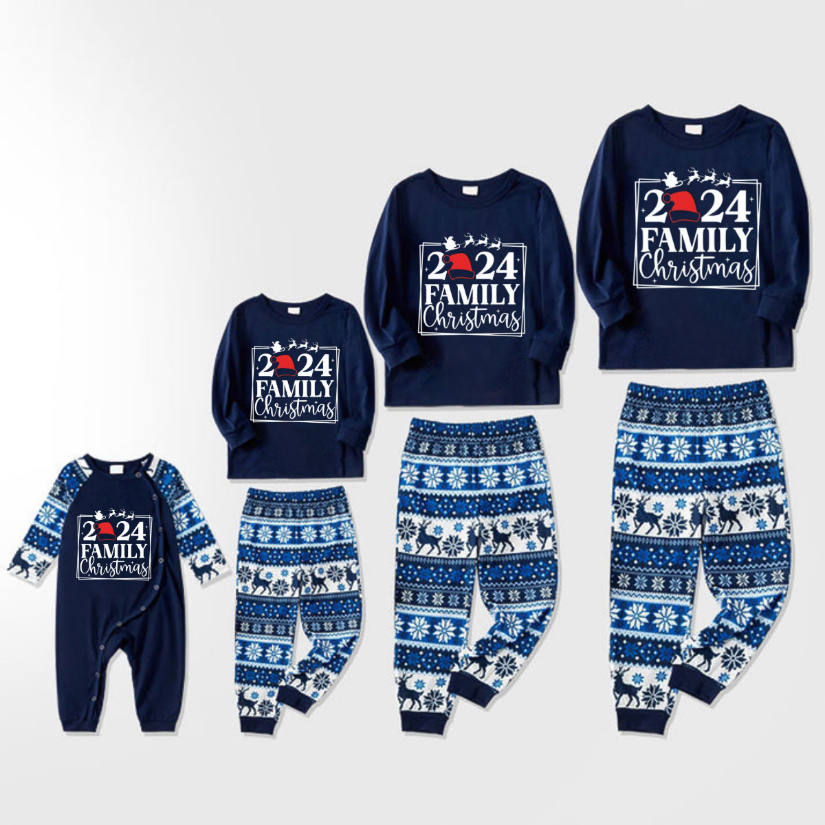 "Family 2024 Christmas" Text and Santa Hat Print Blue Family Matching Pajamas