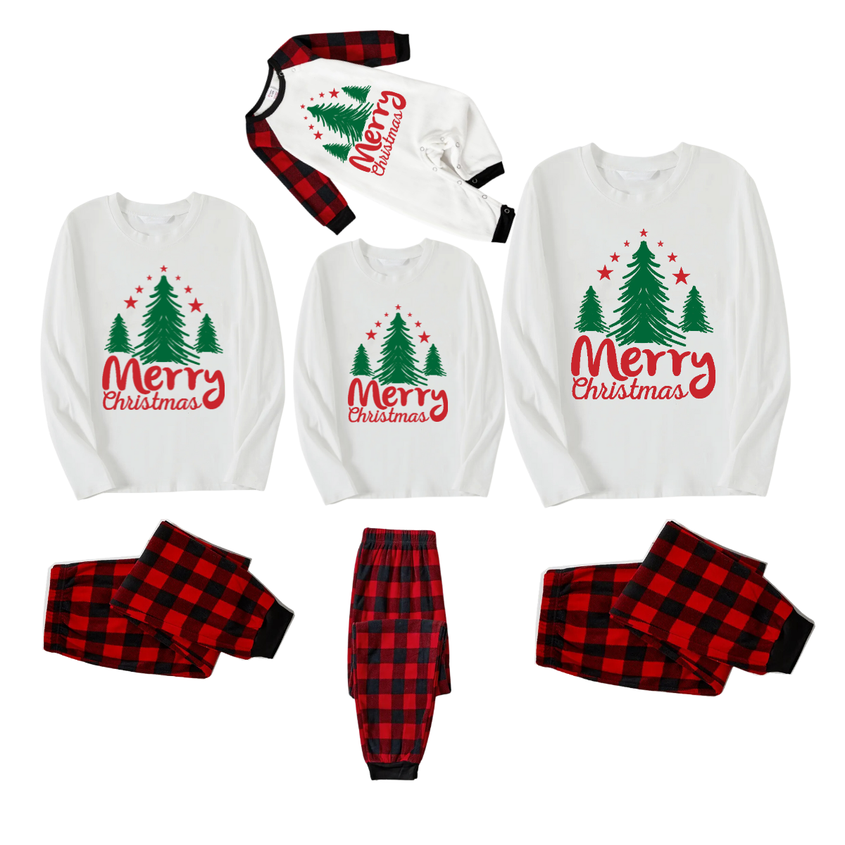 Merry Christmas Letter & Tree Printed Pattern White Long Sleeve Top And Red & Black Plaid Pants Family Matching Pajamas