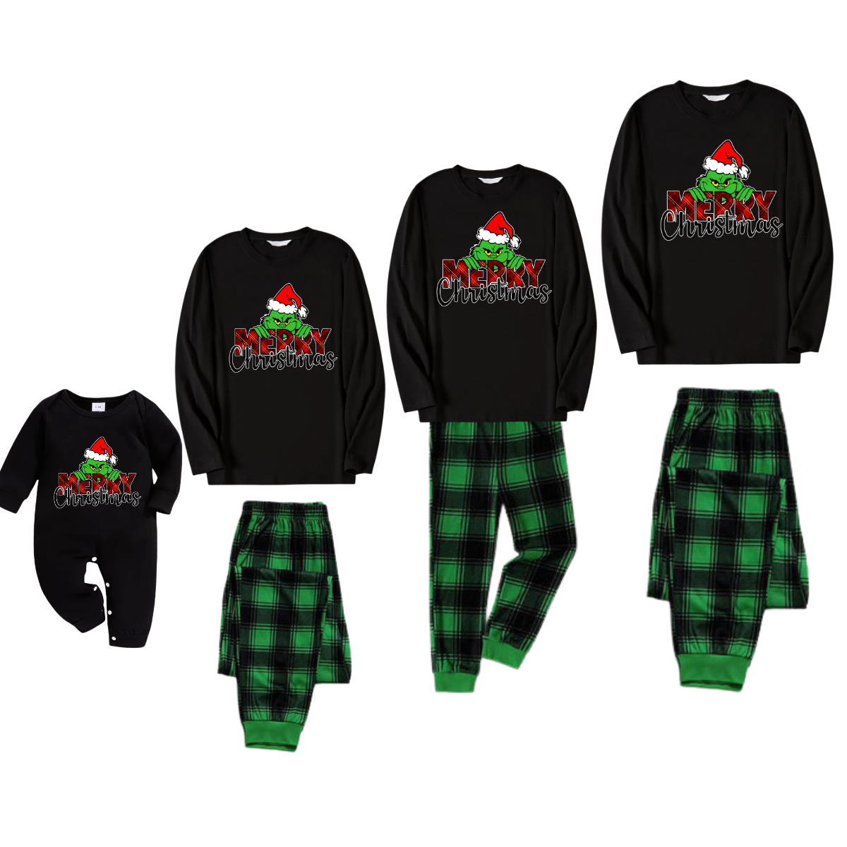 Christmas Cartoon Pattern and "Merry Christmas" Print Black Long Sleeve Top with Green and Black Plaid Family Matching Pajamas