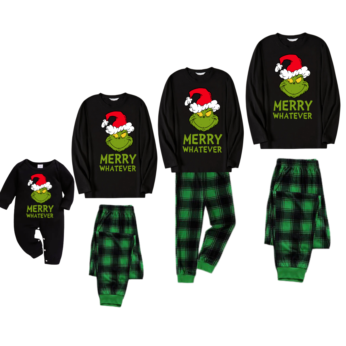 Christmas Cartoon Pattern and Text Print Black Long Sleeve Top with Green and Black Plaid Family Matching Pajamas 2024