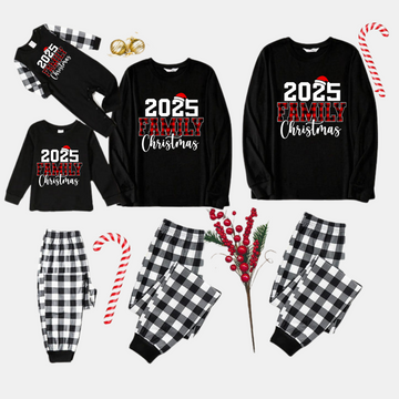 2025 Family Christmas Text Print Black Long Sleeve Top with Black And White Plaid Pants Family Matching Pajamas