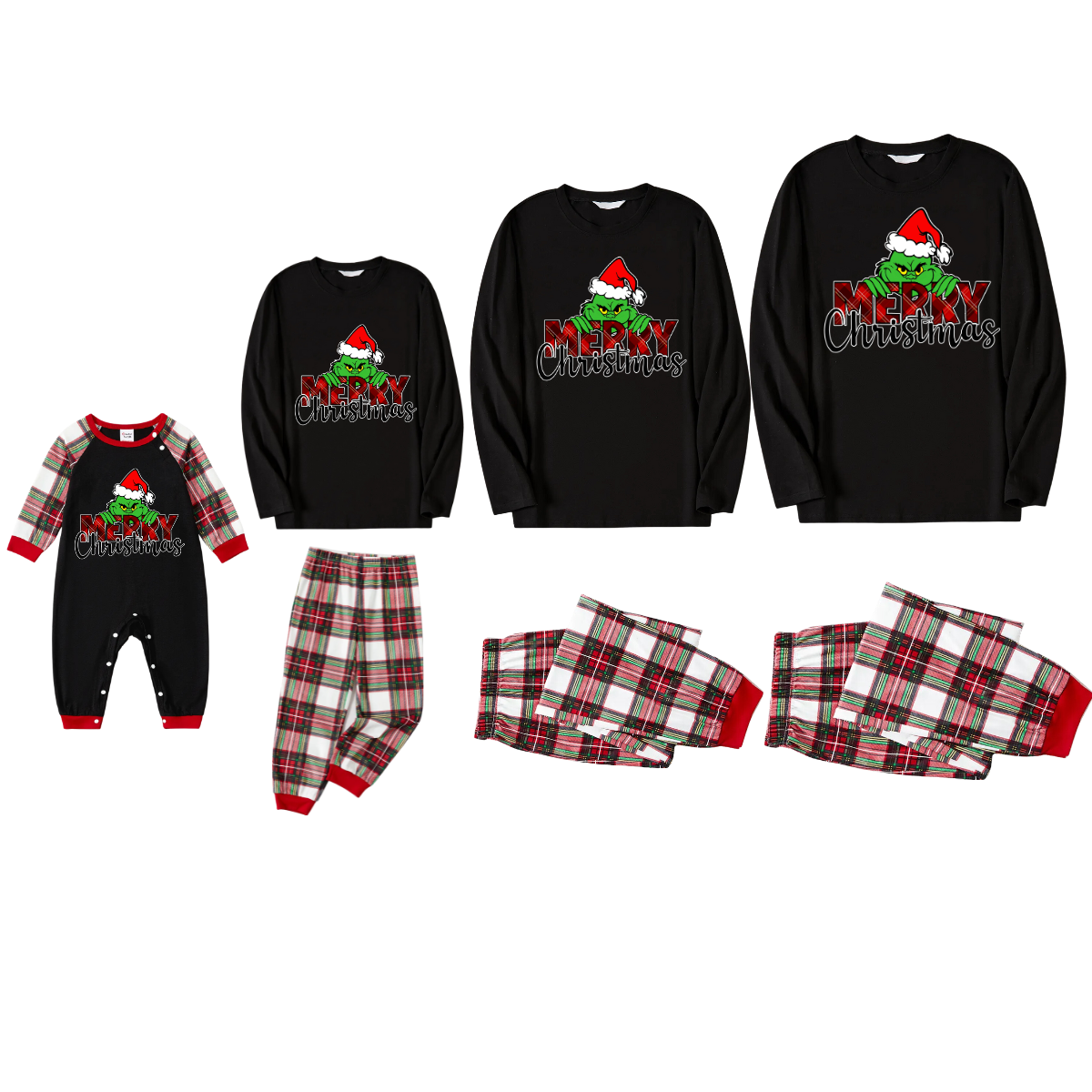 Christmas Cartoon and "Merry Christmas" Text Print Black Long Sleeve Top with Red & White & Green Plaid Family Matching Pajamas