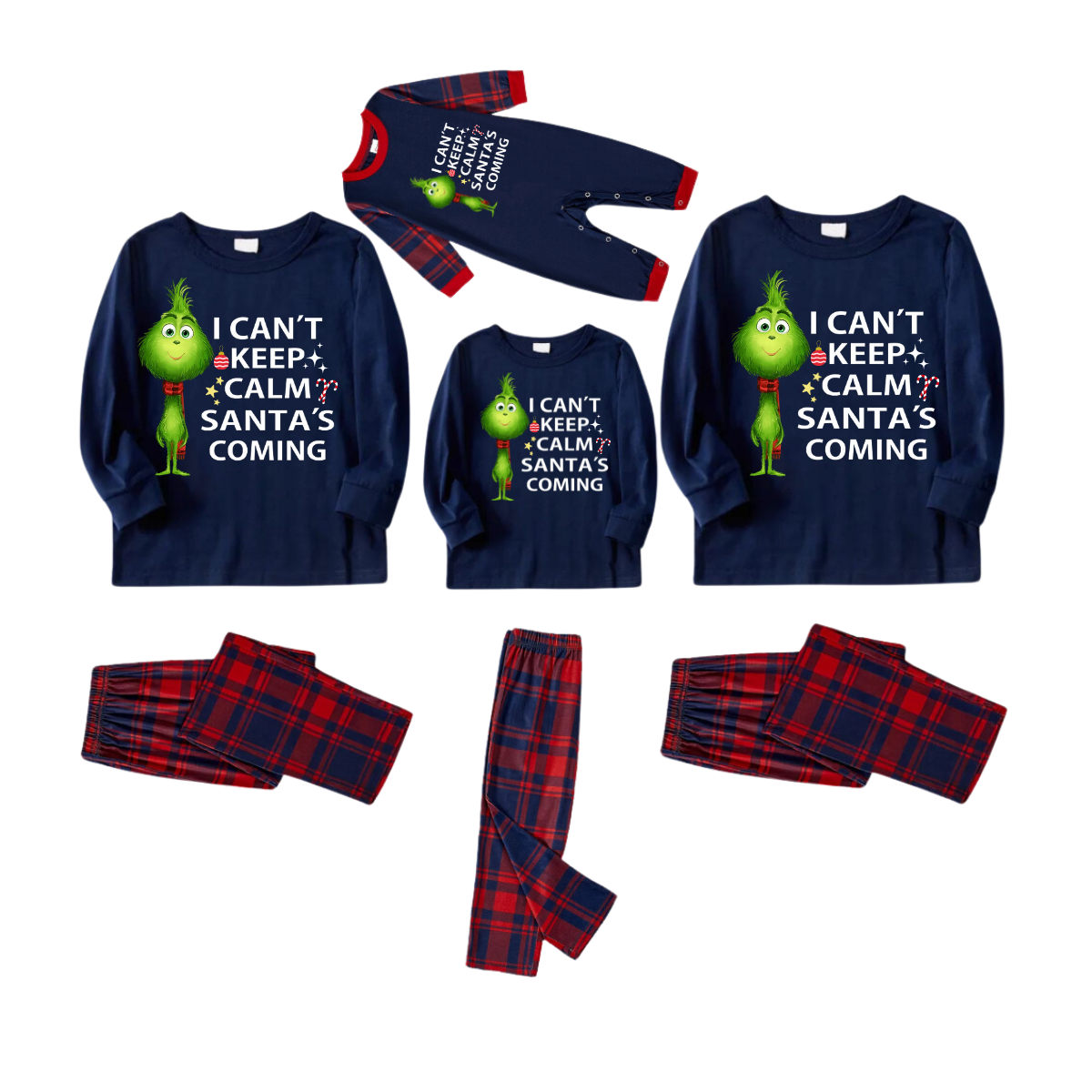 "I Can't Keep Calm, Santa's Coming" Slogan Printed Red and Blue Plaid Christmas Matching Pajamas