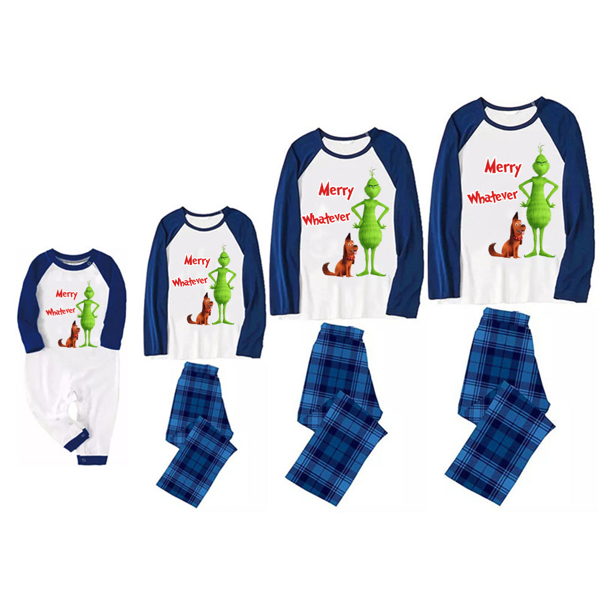 Cartoon Pattern and "Merry Whatever" Printed Navy Blue and Black Plaid Christmas Family Pajamas