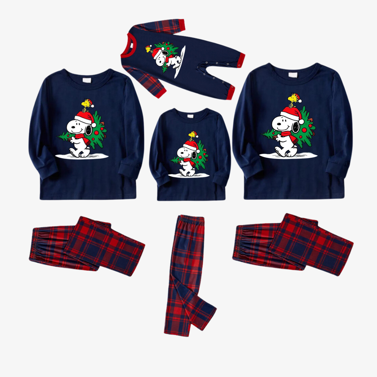 Snoopy Dog Printed Blue and Red Plaid Christmas Family Pajama Set