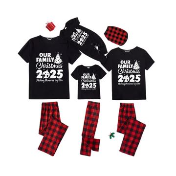 Our Family Christmas 2025 Family Pajamas Set - Black Top Red Pants Red Plaid Sleeves Christmas Tree Print